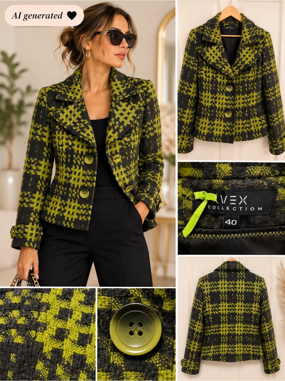 VEX Collection Chartreuse & Charcoal Plaid Jacket | Size 40